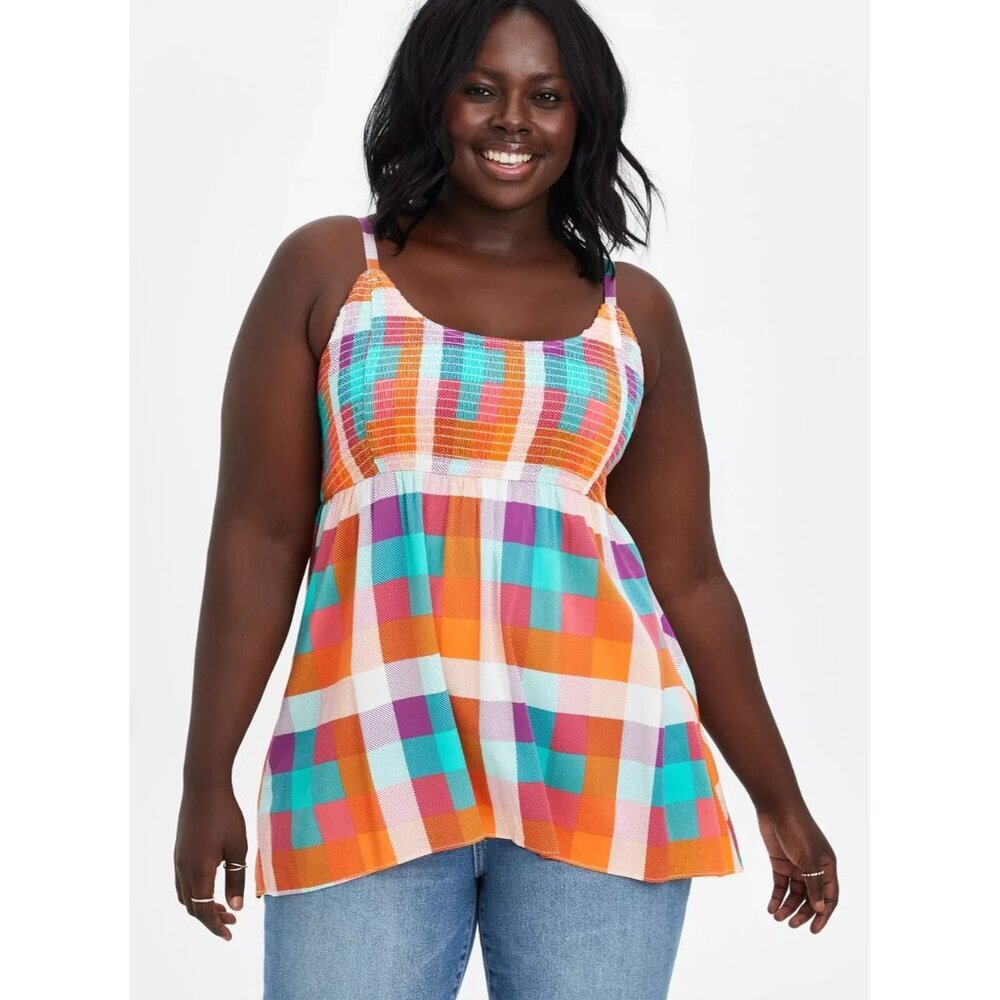 Torrid Size 1 (1X) Babydoll Tank - Stretch Challis Bright Plaid Sleeveless NWT